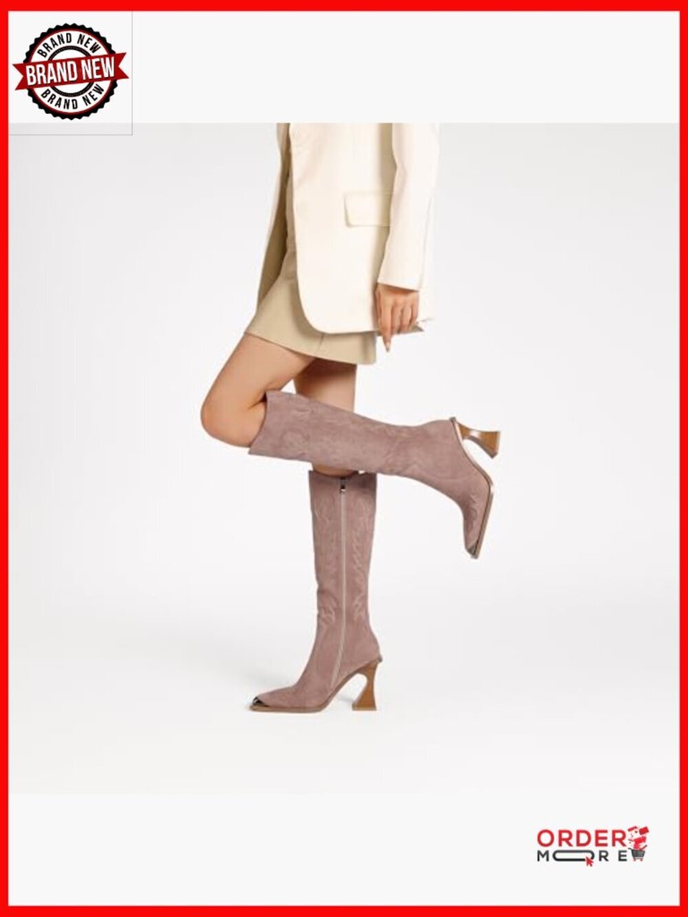 Knee High Western Cowboy Boots with Side Zipper, 3.5 Inch Heel - Picture 2 of 7